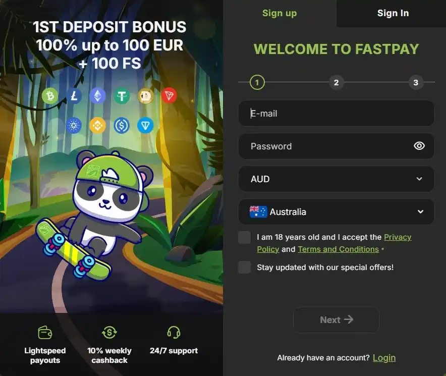 FastPay Casino sign up form with bonus